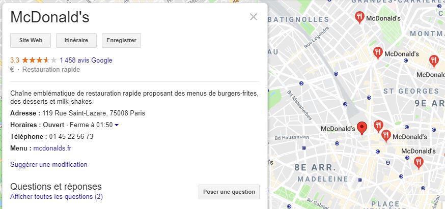 Note Google d'un restaurant McDonald : 3,3 étoiles sur 1458 avis